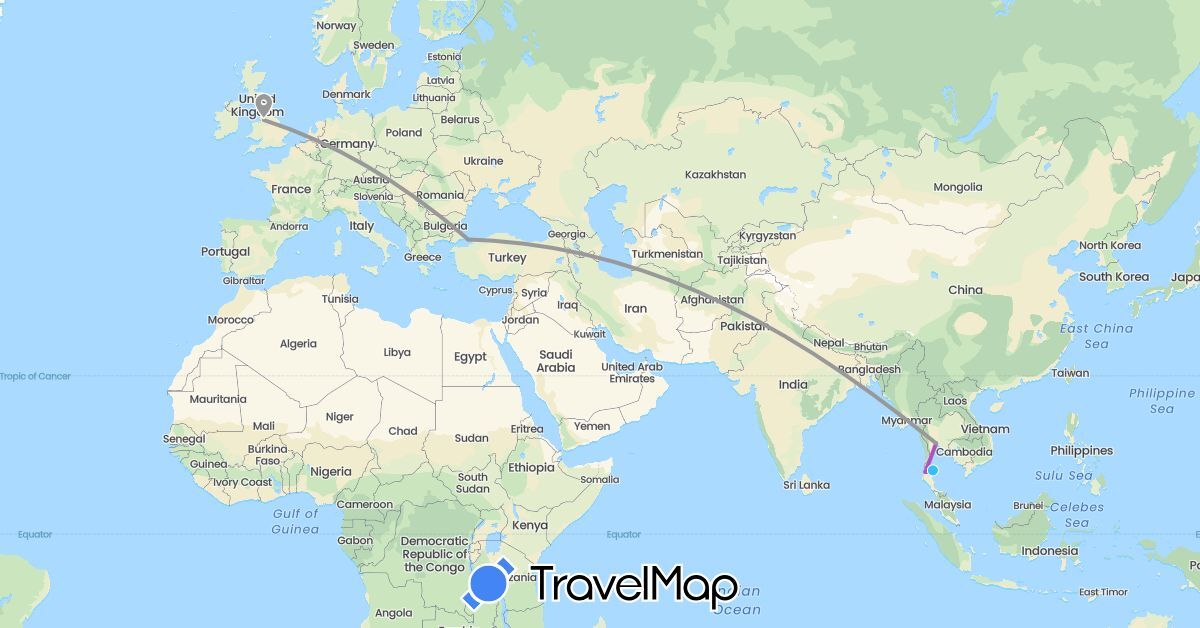 TravelMap itinerary: plane, train, boat in United Kingdom, Thailand, Turkey (Asia, Europe)